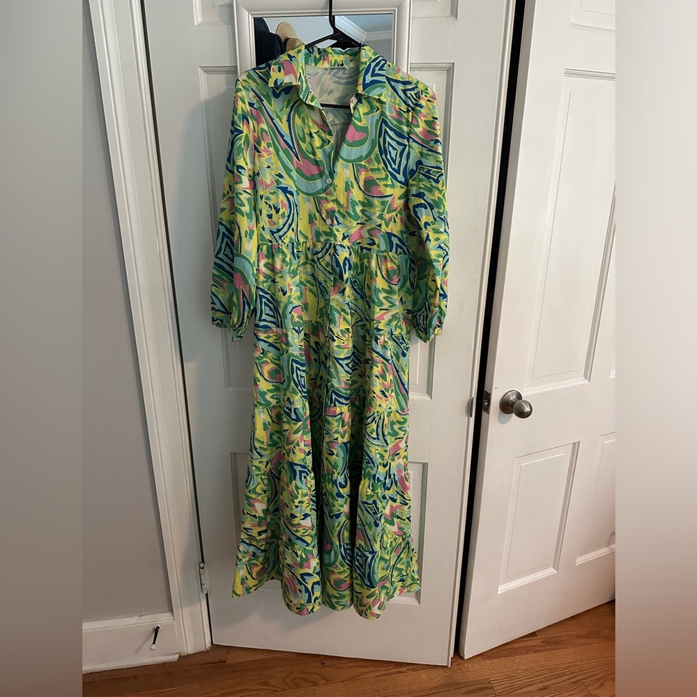 Blue and green printed maxi dress